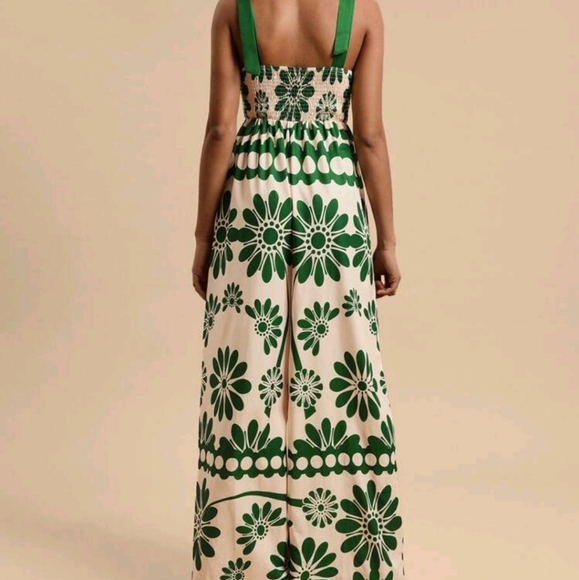 Women's Floral Print Tied Shoulder Wide Leg Jumpsuit, Vacation Wear - Picture 2 of 6